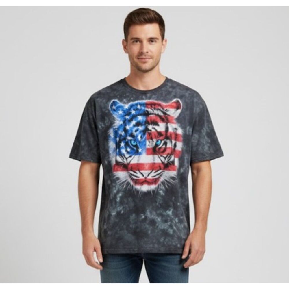 Patriotic Tiger T Shirt Vintage 90s Flag Gray Tye Dye Tee Mens Size 3XL